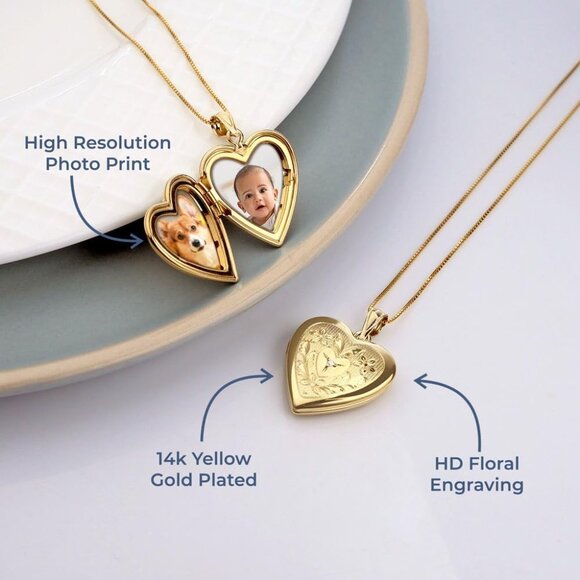 Women's 14K Gold Filled Floral Heart Photo Locket with Diamond - 3/4 inch x 3/4 - Picture 8 of 8